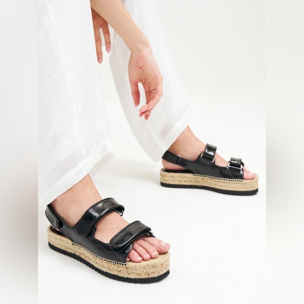 Reformation Trinity Platform Espadrille Sandals Black Patent Leather, Sz 9, New